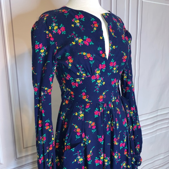 BLUE, VINTAGE DRESS w/ pink+orange floral. SMALL. - Picture 1 of 7